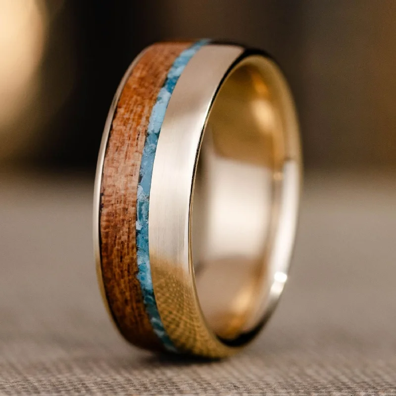 women’s conflict-free engagement rings-The Reeves | Men's Gold Wedding Band with Turquoise & Mesquite Wood