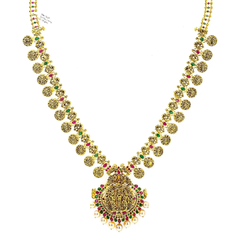 women’s silver necklaces-22K Yellow Antique Gold Ram Parivar Haaram Necklace W/ Emeralds, Rubies, Pearls & Ram Parivar Kasu