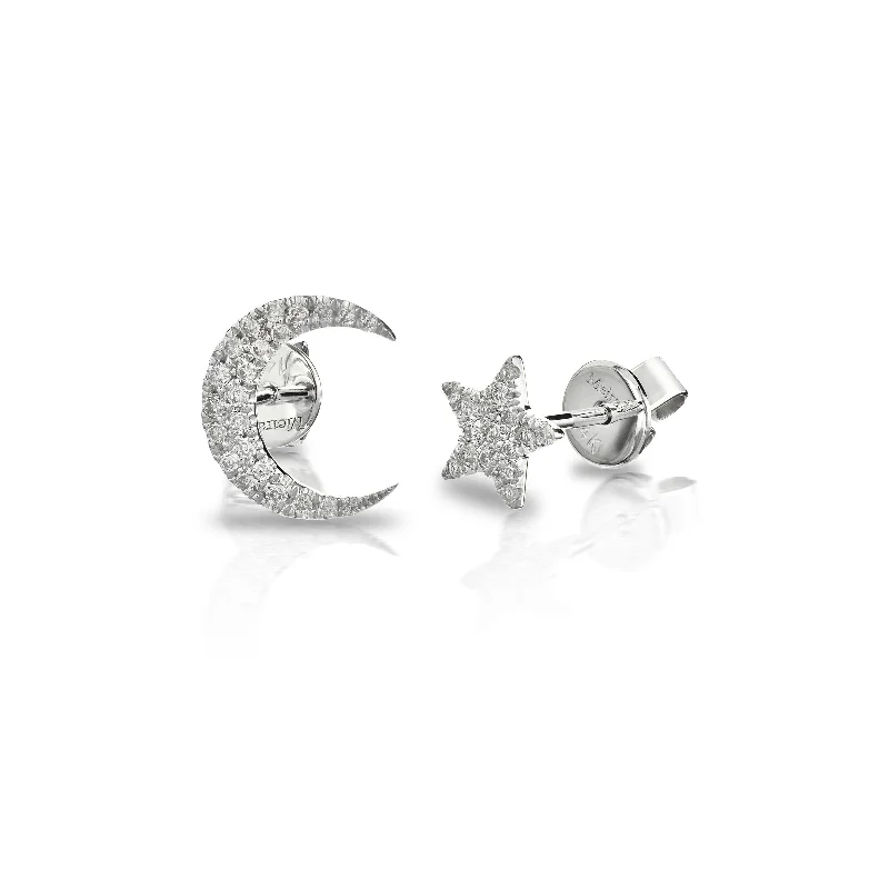 women’s matching earrings-White Gold Pave Diamond Moon and Star Earring Set