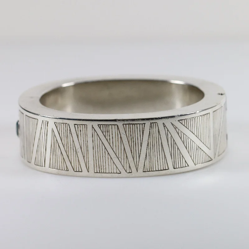 women’s adjustable bangles-Vintage Modernist Silver Jewelry | Aquamarine Etched Modernist Hinged Bracelet