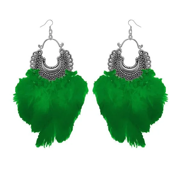 women’s gold chandelier earrings-Tip Top Fashions Green Feather Rhodium Plated Afghani Earrings - 1308355B