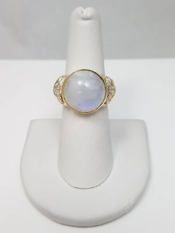 women’s wedding ring sets-Showy Natural White Labradorite & Natural Diamond 14k Yellow Gold Ring