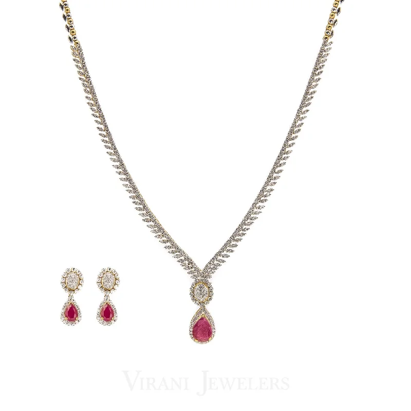 women’s chic necklaces-5.82CT Diamond Box Chain Necklace and Earrings Set in 18k Yellow Gold W/ Drop Ruby Pendant