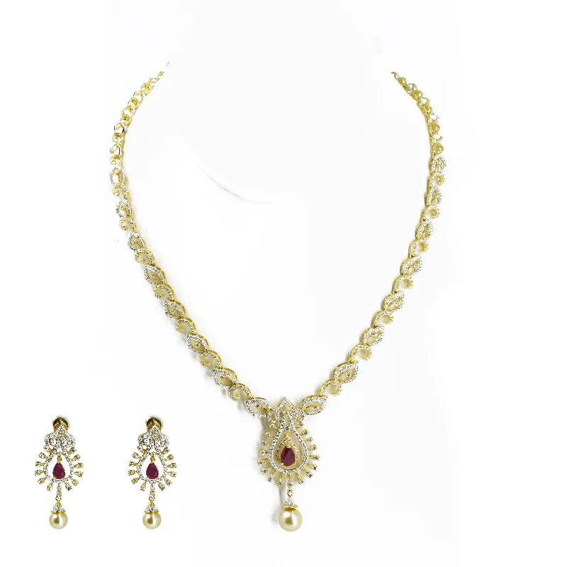 women’s solitaire necklaces-18K Multi Tone Gold Diamond Earrings & Necklace Set W/ VVS Diamonds, Rubies, South Sea Pearl & Pear Shaped Pendant