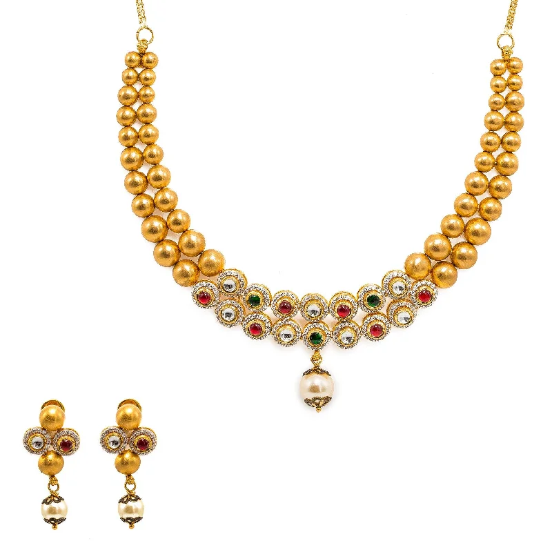 women’s layered diamond necklaces-22K Yellow Gold Necklace And Earrings Set W/ Rubies, Emeralds, CZ Stone Jewelry, Pearls & Smooth Gold Balls