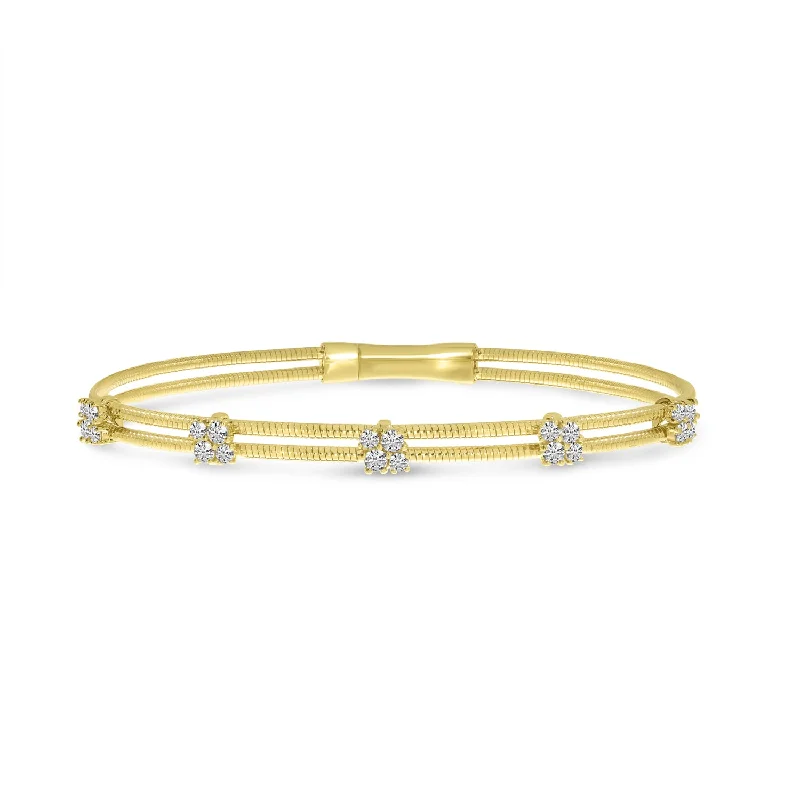 women’s engraved bracelets-14K Yellow Gold 0.72cttw. Diamond Cluster Flexible Double Bangle Bracelet