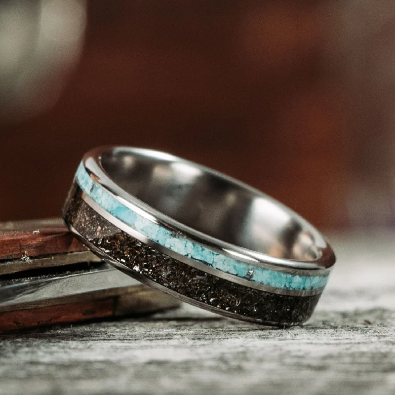 women’s platinum diamond engagement rings-The Horizon | Men's Titanium Wedding Band with Meteorite & Turquoise