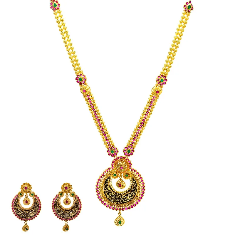 women’s gold necklaces-22K Yellow Gold Necklace & Earrings Set W/ Rubies, Emeralds, CZ Gems & Antique Finish Chandbali Pendants