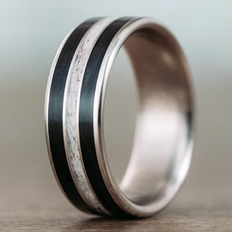 women’s custom-designed engagement rings-The Frontiersman | Men's Titanium Wedding Band with Whiskey Barrel & Elk Antler