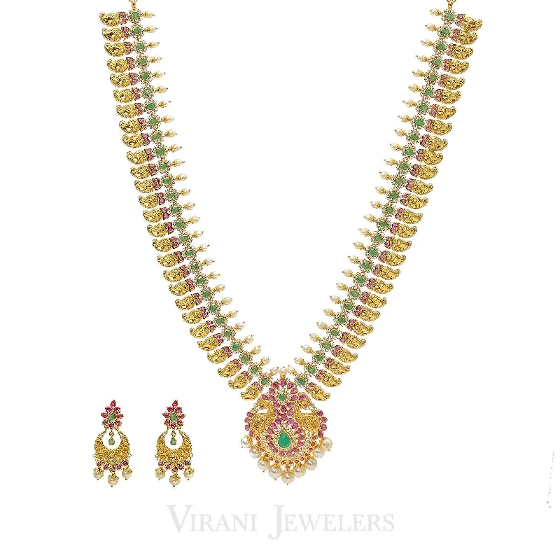 women’s solitaire necklaces-22K Yellow Gold Necklace & Earrings Set W/ CZ, Ruby, Emerald & Mango Details