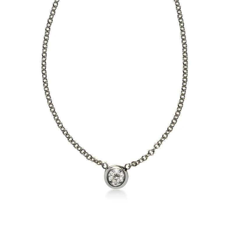 women’s layered charm necklaces-Bezel Set Diamond Solitaire Necklace, .11 Carat, 14K White Gold