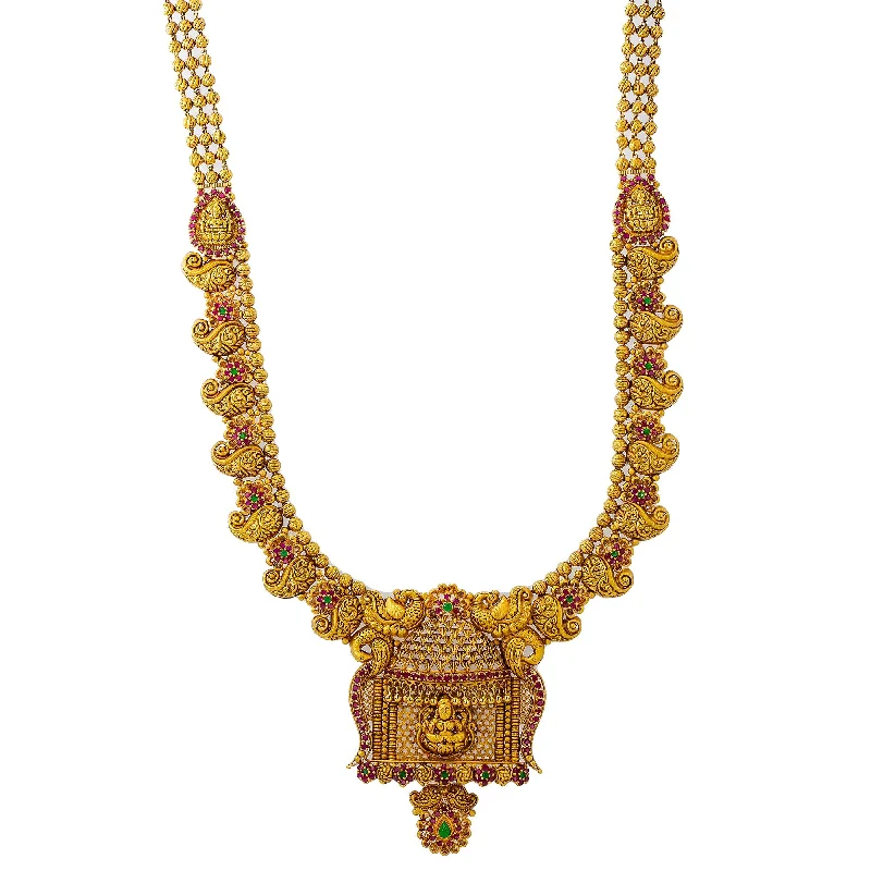 women’s ruby necklaces-22K Yellow Antique Gold Laxmi Mango Necklace W/ Rubies, Emeralds & Royal Temple Design