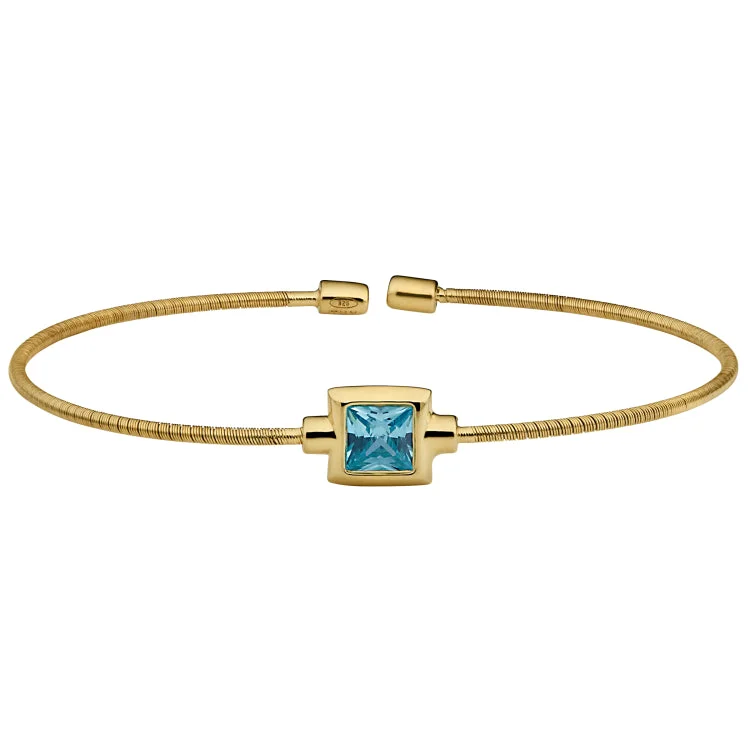 women’s gemstone bracelets-Gold Finish Sterling Silver Cable Cuff Bracelet with Princess Cut Simulated Aqua Marine Birth Gem