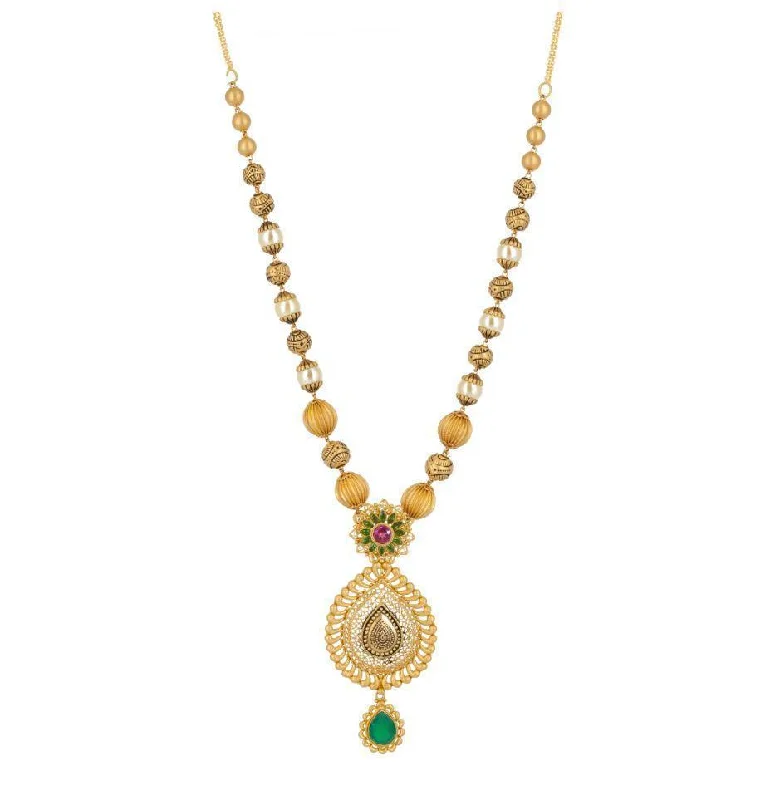 women’s gemstone pendant necklaces-22k Antique Gold Teardrop Pendant Necklace & Earrings Set W/ Ruby, Emerald, & Pearl