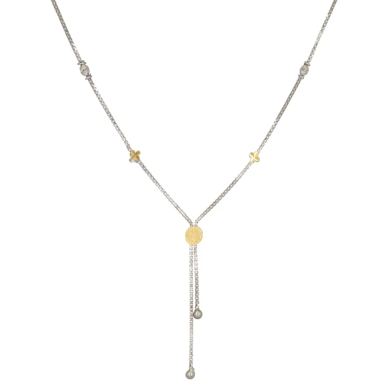 women’s floral necklaces-22K White Gold Box Link Chain Necklace W/ Gold Accents