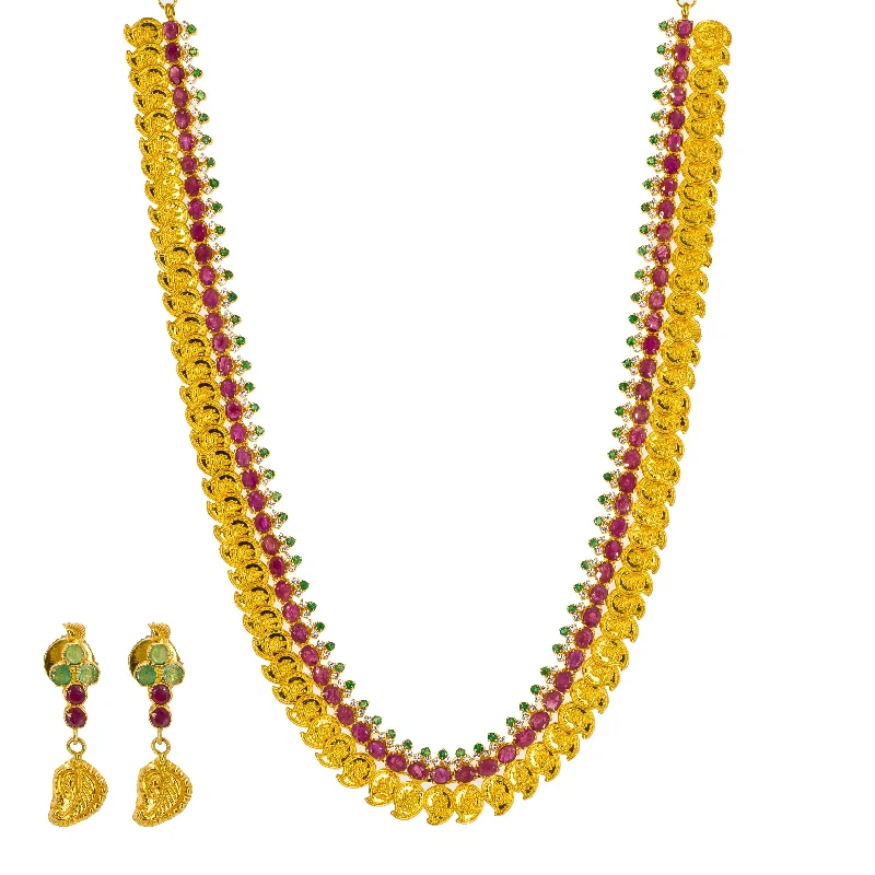 women’s rhinestone necklaces-22K Yellow Gold Necklace & Earrings Mango Set W/ Rubies, Emeralds, CZ Gems & Laxmi Accents