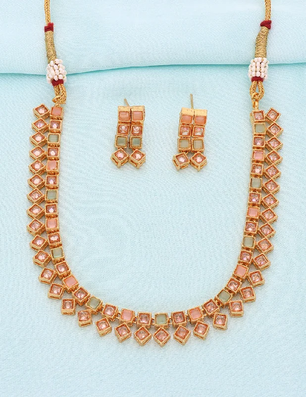 women’s gemstone-studded necklaces-Designer Gold Polish Kundan Necklace Set