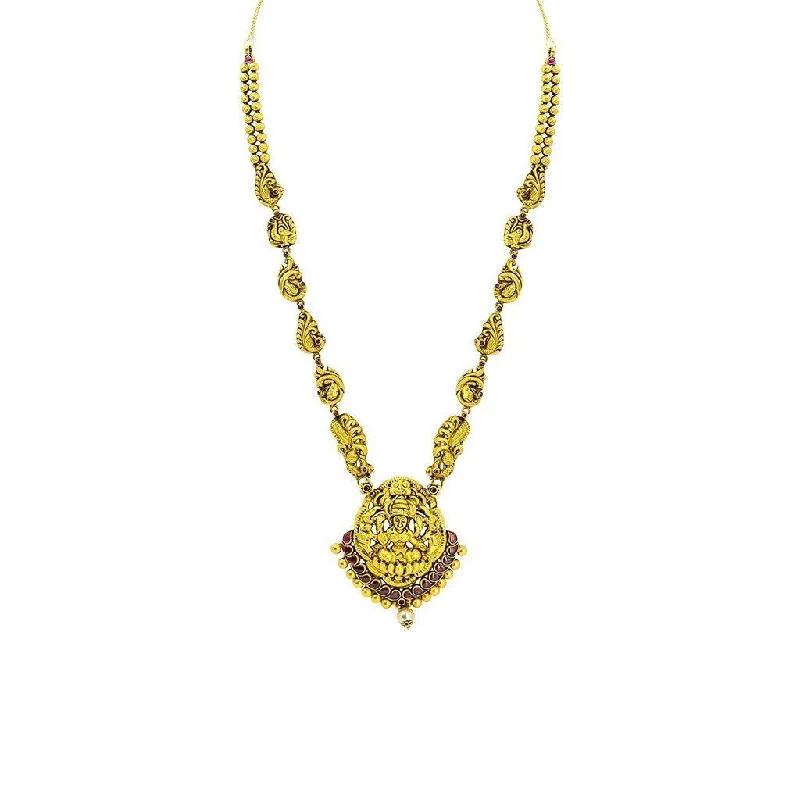 women’s custom engraved pendants-22K Yellow Gold Antique Temple Necklace W/ Rubies, Pearl & Paisley Carved Accent Chain