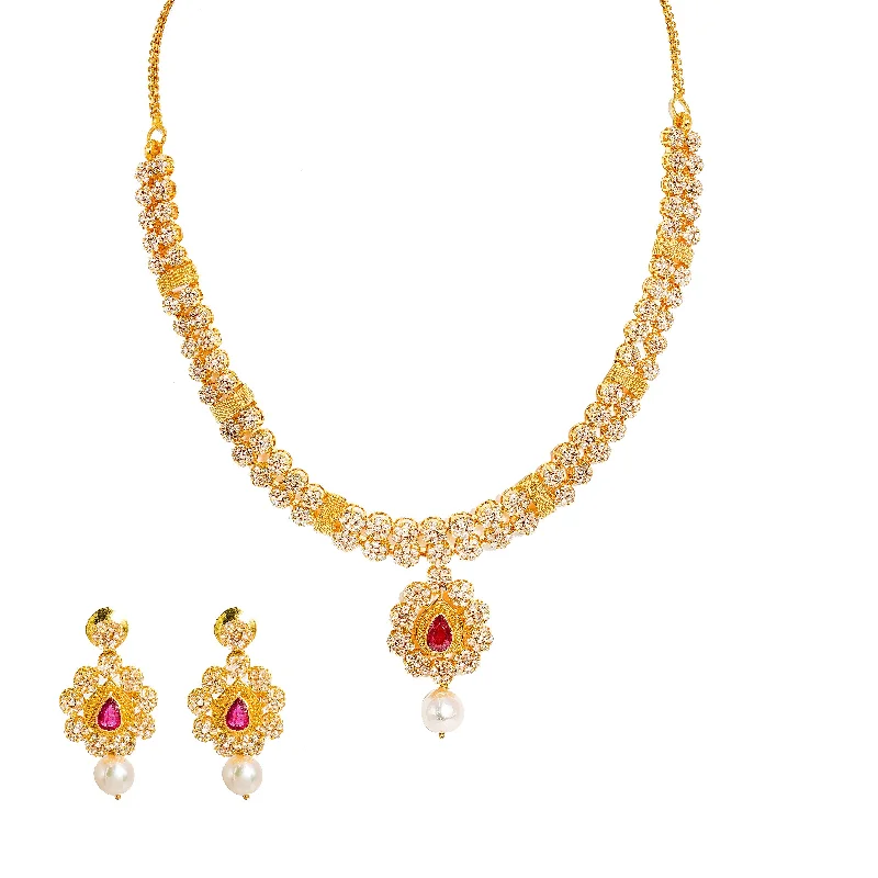 women’s statement chokers-22K Yellow Gold Diamond Necklace and Earrings Set W/ 14.24ct Uncut Diamonds, Rubies, Pearls & Clustered Flower Designs