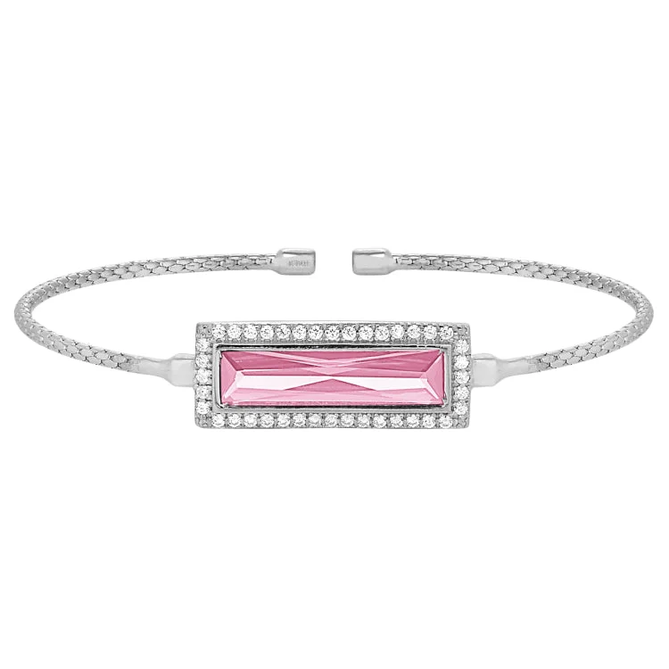 women’s custom-designed bangles-Rhodium Finish Sterling Silver Cable Cuff Bracelet with Rectangular Simulated Pink Sapphire Stone and Simulated Diamonds