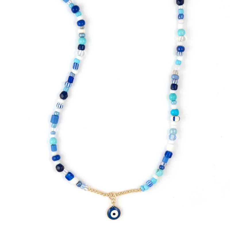 women’s statement necklaces-Blue Beads Evil Eye Necklace, 16 Inches