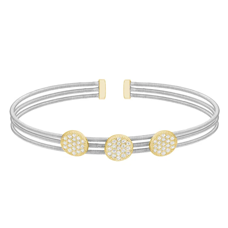 women’s nature-inspired bracelets-Rhodium Finish Sterling Silver Three Cable Cuff Bracelet with Gold Finish Simulated Diamond Three Large Circles