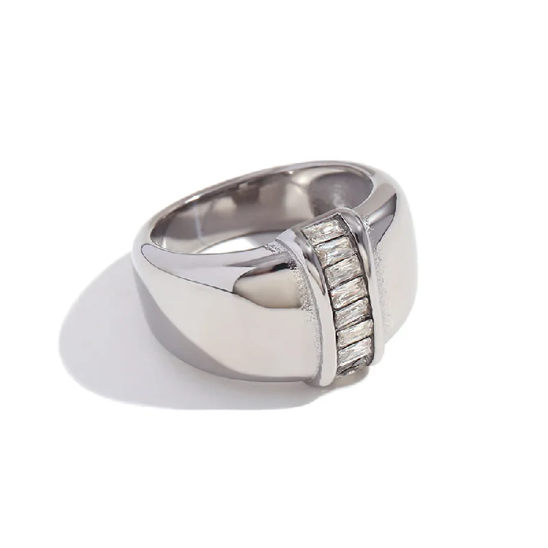 Simple Single Row Diamond Ring - Steel - Size 6