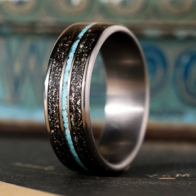 women’s matching engagement rings and wedding bands-The Black Sky | Men's Meteorite & Turquoise Titanium Wedding Band