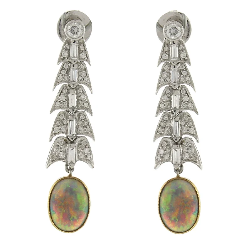 women’s anniversary earrings-Opal and Diamond Dangle Earrings in Platinum and Gold