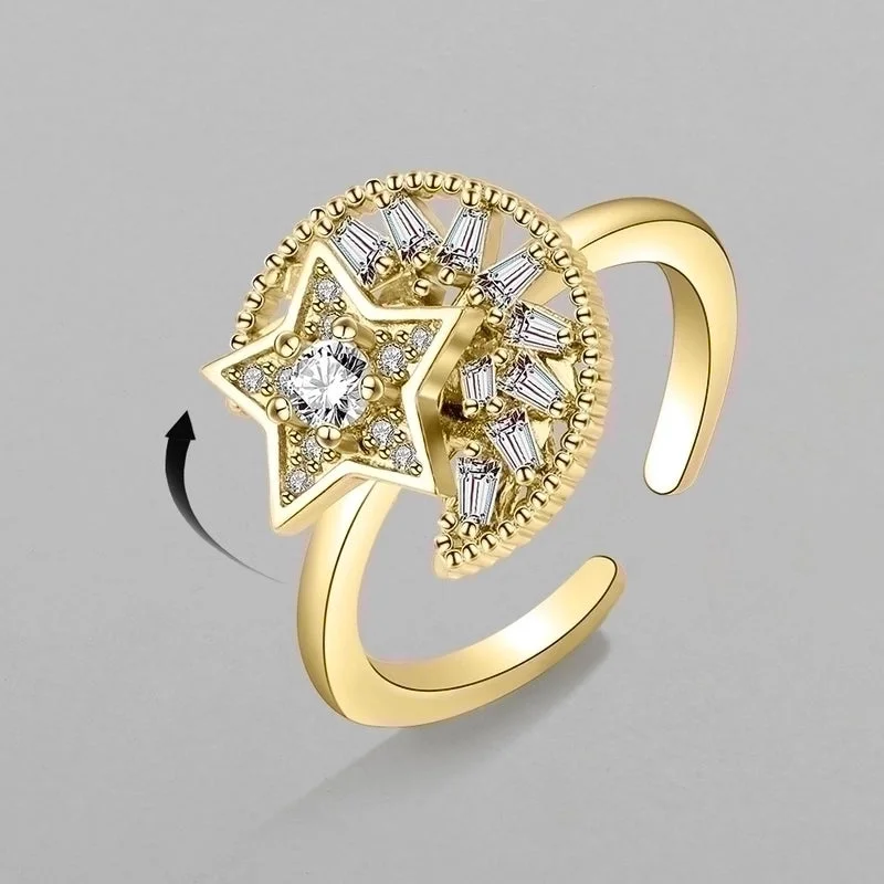 women’s anniversary rings-Fashion Golden Star Moon Zircon Rotating Copper Open Ring