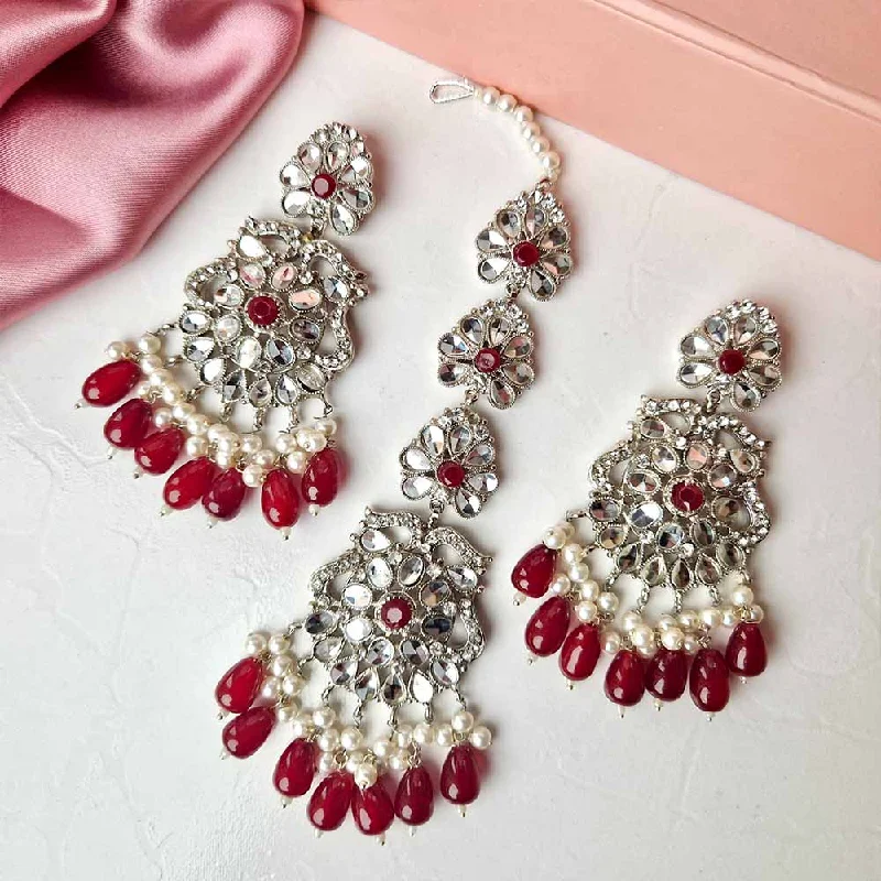 women’s big earrings-Kiran Earrings and Teeka Set Silver (Maroon)