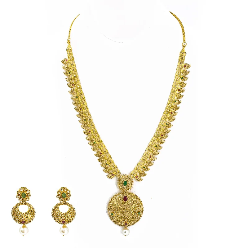 women’s religious necklaces-22K Yellow Gold Set Necklace & Earrings W/ Uncut Diamonds, Rubies & Emeralds on Three-Row Chain