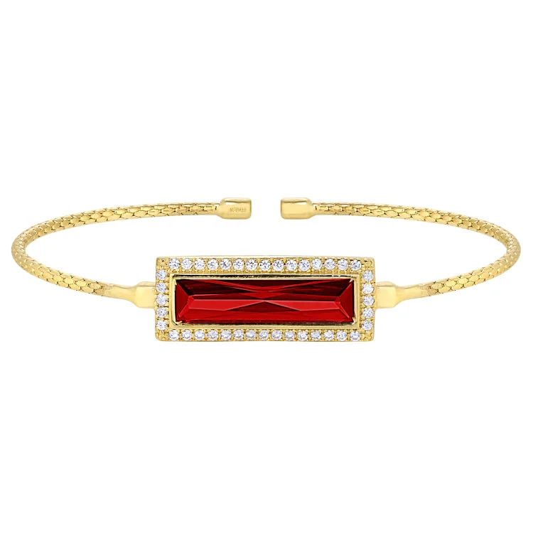 women’s bangle sets-Gold Finish Sterling Silver Cable Cuff Bracelet with Rectangular Simulated Garnet Stone and Simulated Diamonds