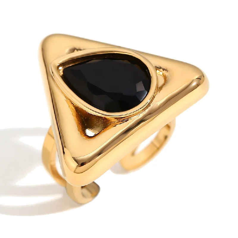 Triangle Water Drop Diamond Open Ring - Gold Black Diamond