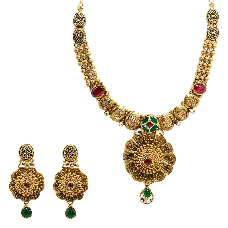 women’s zodiac necklaces-22K Yellow Gold Temple Necklace & Earrings Set W/ Rubies, Emeralds, Kundan & Stamen Flower Pendants