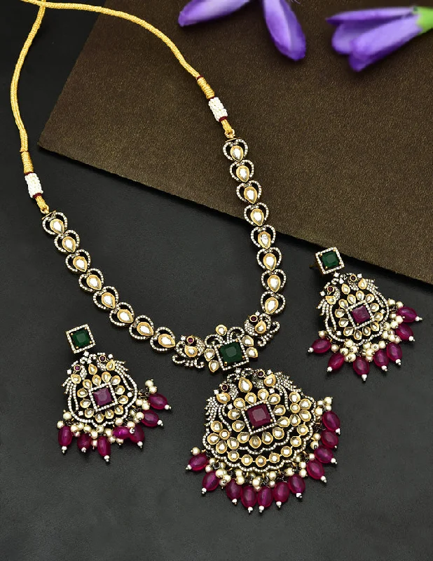 women’s timeless necklaces-Zirconia Ruby Stone And Emerald Stone Peacock Design Victorian Necklace Set