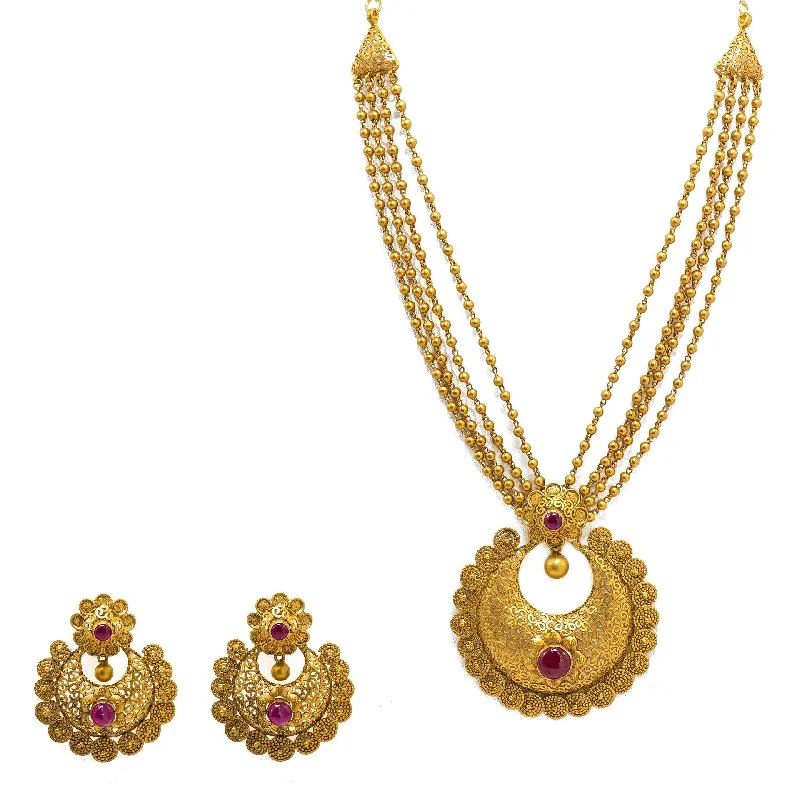 women’s friendship necklaces-22K Yellow Gold Temple Necklace & Earrings Set W/ Rubies & Multi Strand Beaded Pendant Necklace