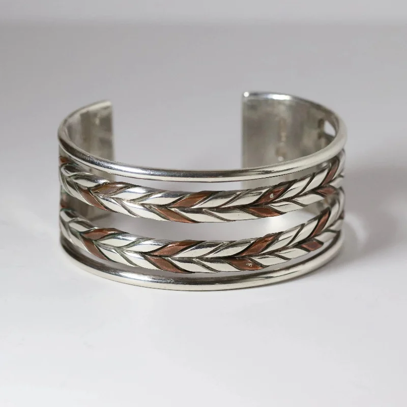 women’s anniversary bracelets-Vintage William Spratling Jewelry | Large Braided Copper and 980 Sterling Silver Cuff Bracelet