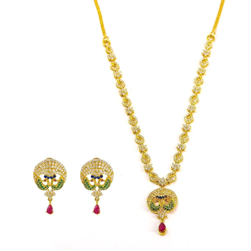 women’s multicolored necklaces-22K Yellow Gold Necklace and Earrings Set W/ Rubies, CZ Encrusted Peacock Pendant & Jeweled Charm Chain