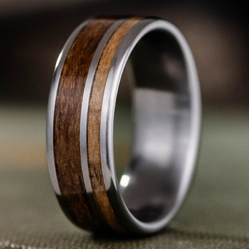 women’s emerald engagement rings-The Teak & Whiskey | Men's Titanium Wedding Band with Natural Whiskey Barrel Wood & USS North Carolina Battleship Teak Wood