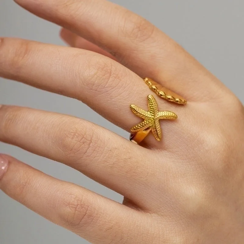 women’s twisted rings-Beach Starfish Shell Stainless Steel 18k Gold Plated Open Ring In Bulk