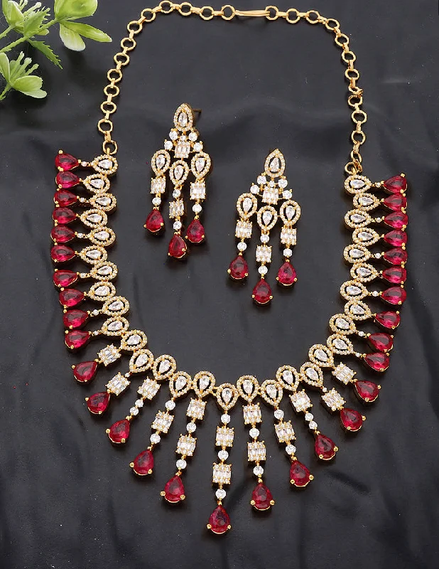 women’s two-tone necklaces-Designer Gold Plated Zirconia Ruby Necklace Set