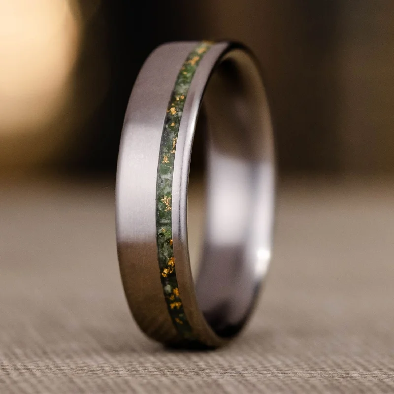 women’s affordable engagement rings-The Fairbanks | Men's High Polish Titanium Wedding Band with Green Imperial Diopside & Gold Flakes Offset Inlay