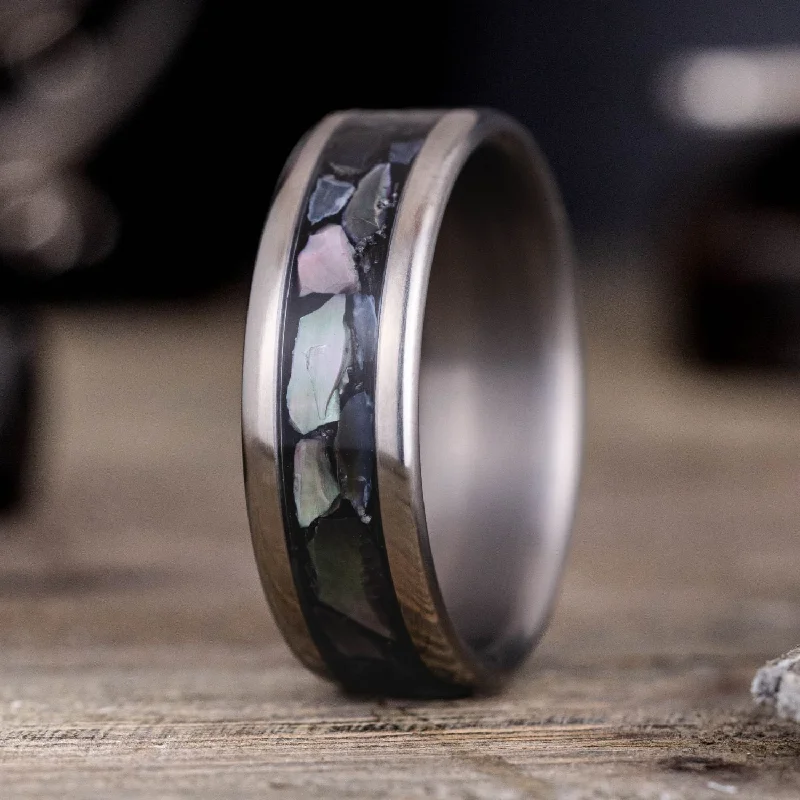 women’s cushion cut engagement rings-The Dark Tide | Men's Titanium Wedding Band with Black Mother of Pearl