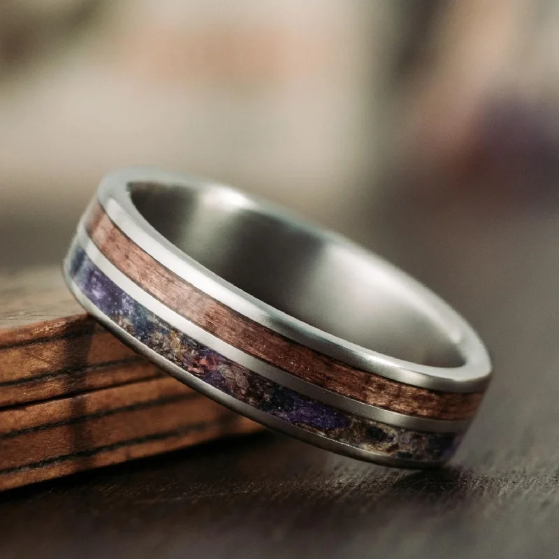 women’s high-end engagement rings-The Percival | Men's Titanium Wedding Band with Antique Walnut Wood and Sea Lavender