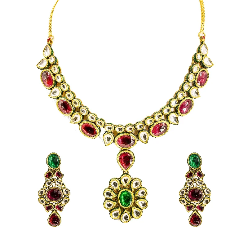 women’s couple necklaces-22K Yellow Gold Kundan Necklace & Earrings Set W/ Ornate Pendants & Mango Accents on Collar Necklace