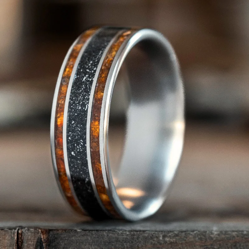 women’s emerald cut diamond engagement rings-The Saros | Men's Titanium Wedding Band with Meteorite & Fossilized Amber