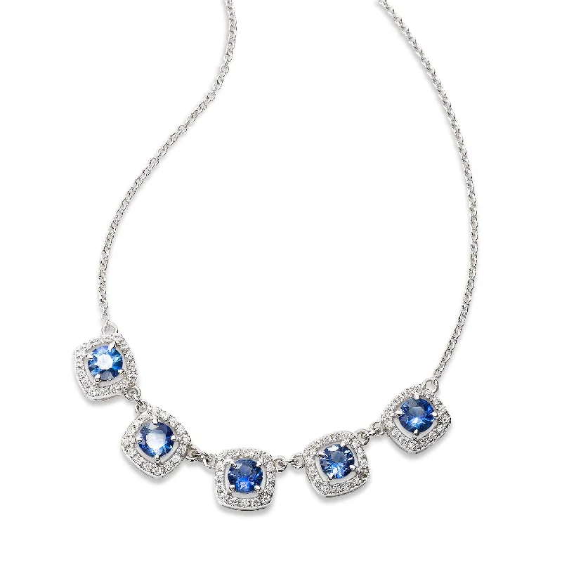 women’s fine necklaces-Five Blue Sapphire and Diamond Halo Necklace, 14K White Gold