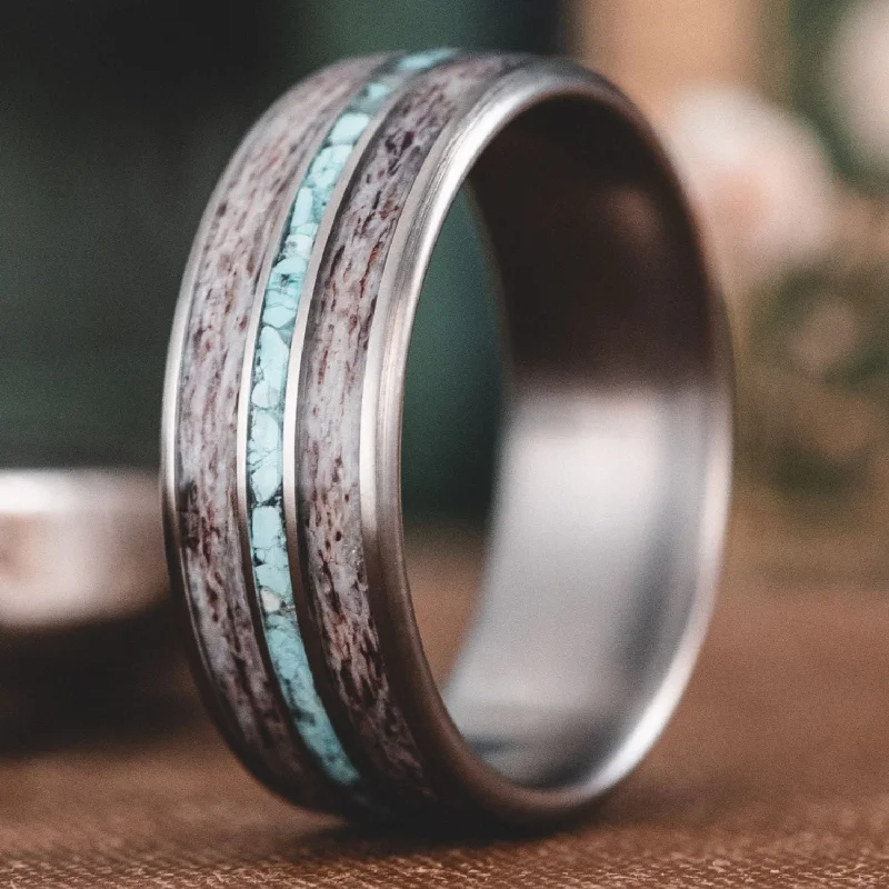 women’s modern engagement rings-The Huntsman | Men's Titanium Wedding Band with Elk Antler & Turquoise