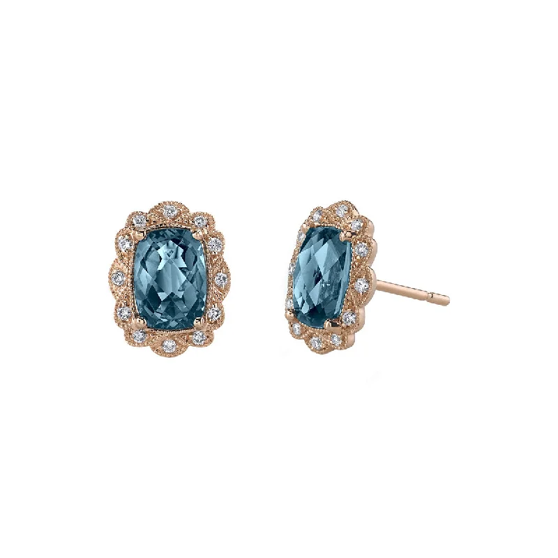 women’s layered earrings-London Blue Topaz 14k Rose Gold Stud Earrings with Diamonds